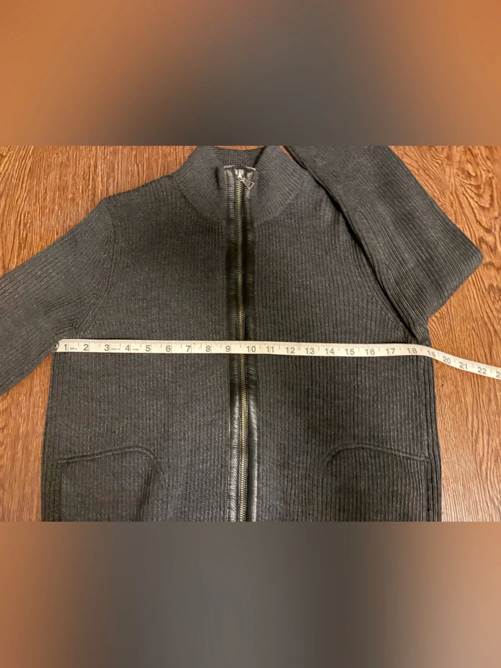 Vince Wool Ribbed Knit Full-Zip Sweater in Dark Gray w/ Leather Details - Size S